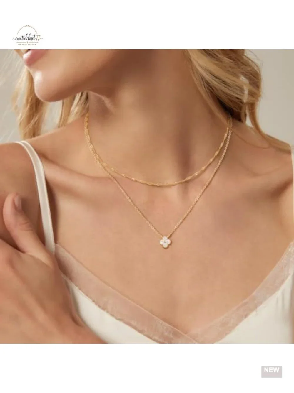Dainty Layered Gold Plated Necklace Set Cubic Zirconia Four Leaf Clover Choker
